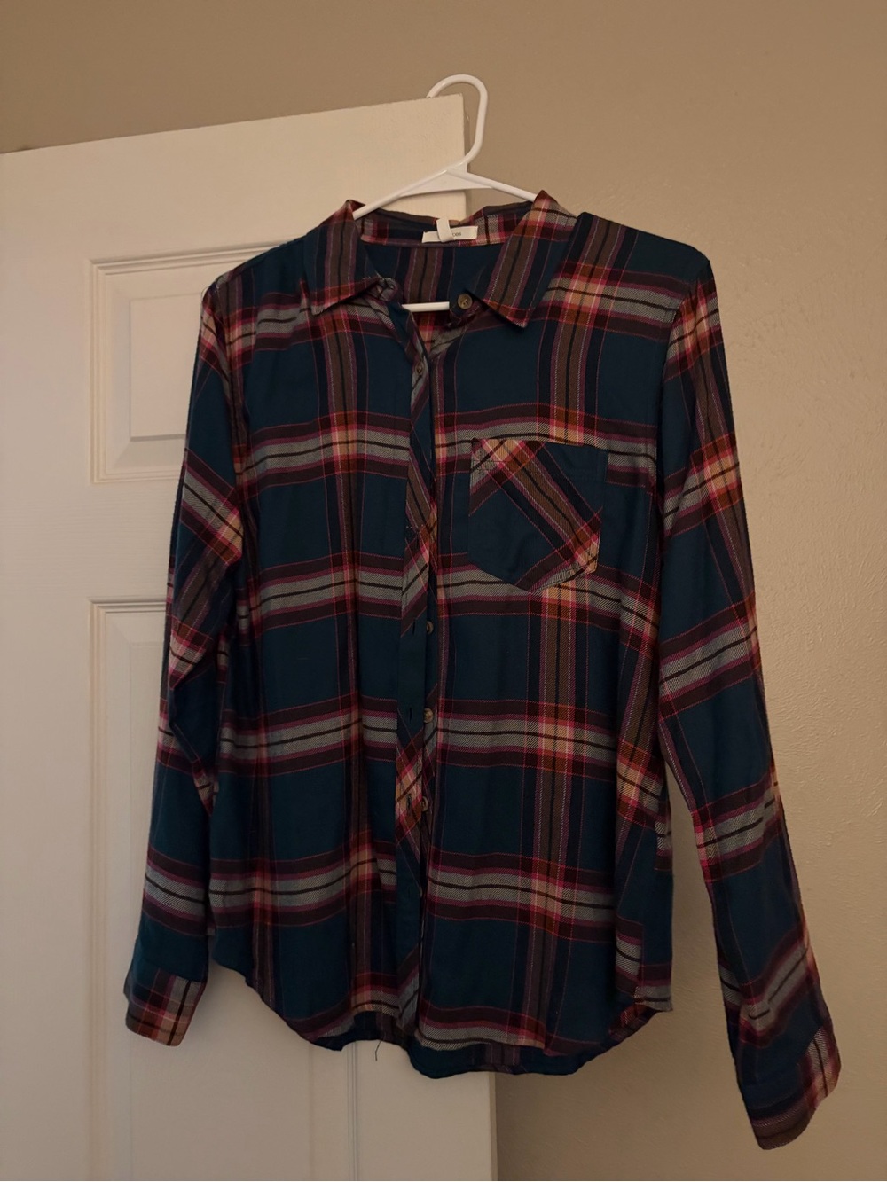 Maurices Teal Plaid Button-Down Shirt with Red Accents